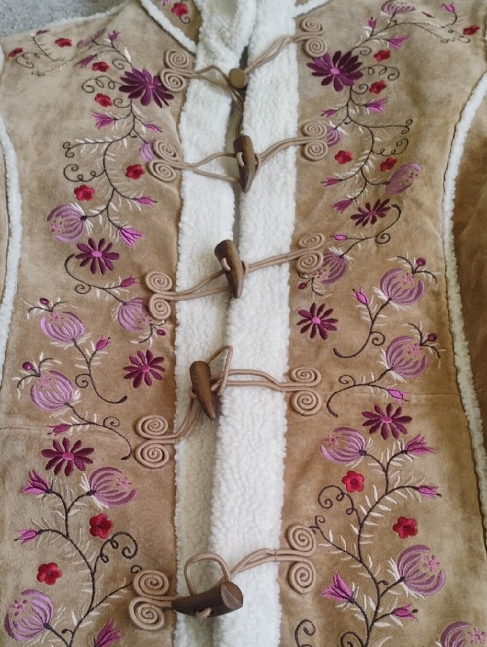 St. John's Bay Tan Suede Jacket with Cream Shearling & Pink Floral Embroidery - Picture 6 of 13